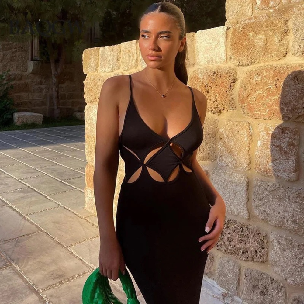 The Kript Black Cutout Maxi Dress with Strappy Details